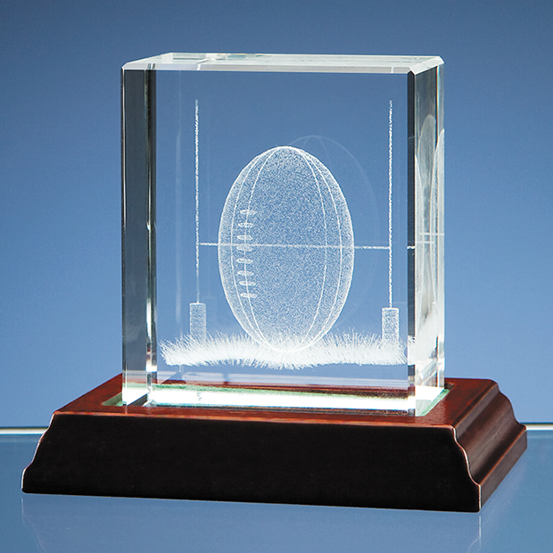 Large image for Rugby Ball in 3D Optical Crystal Block